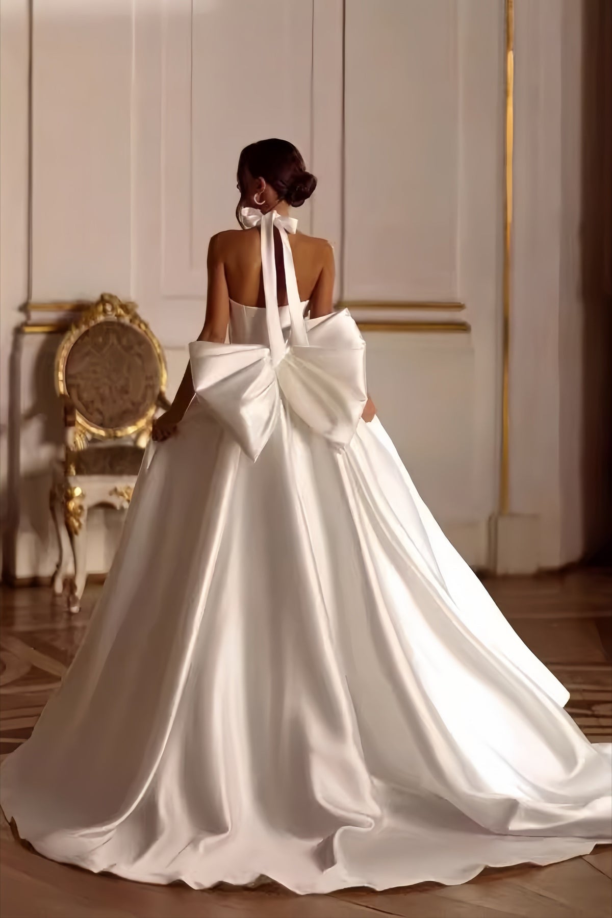 Halter Neck Oversized Bow Back Satin Ball Gown