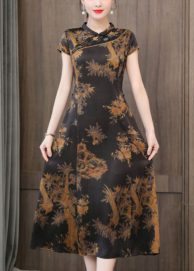 Bird Print Mandarin Collar Frog Button Cap Sleeve Cheongsam Midi Dress - View 2