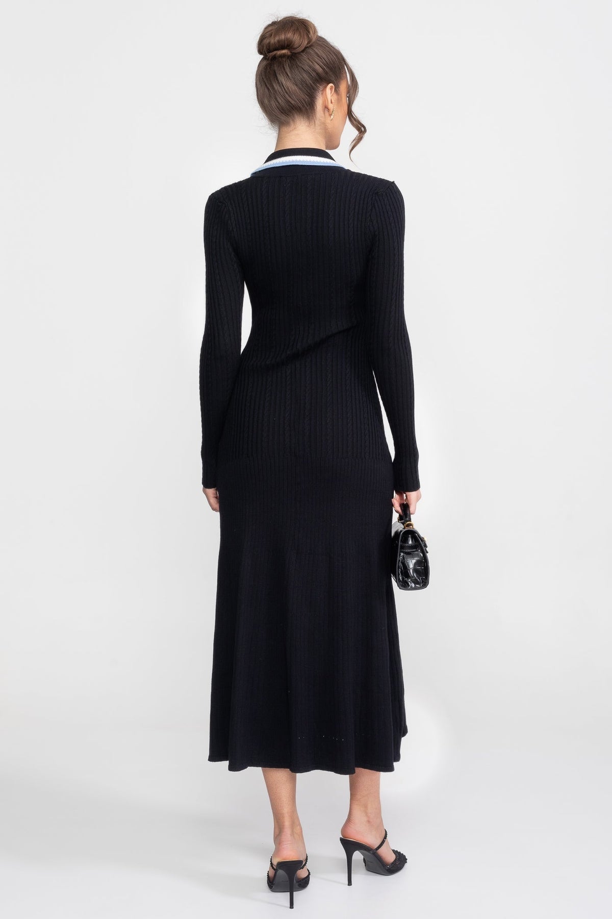 Long Sleeve Knit Midi Dress - Black - View 4