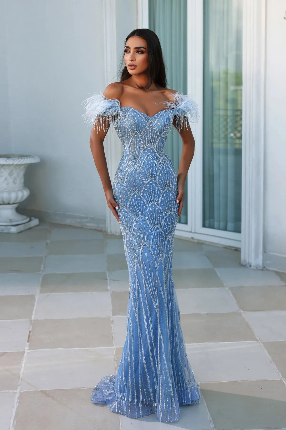 Sequin Off Shoulder Feather Trim Mermaid Maxi Gown - View 9