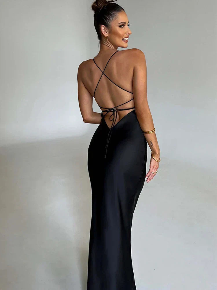 Satin Backless Lace Up Mermaid Silk Dress - View 4