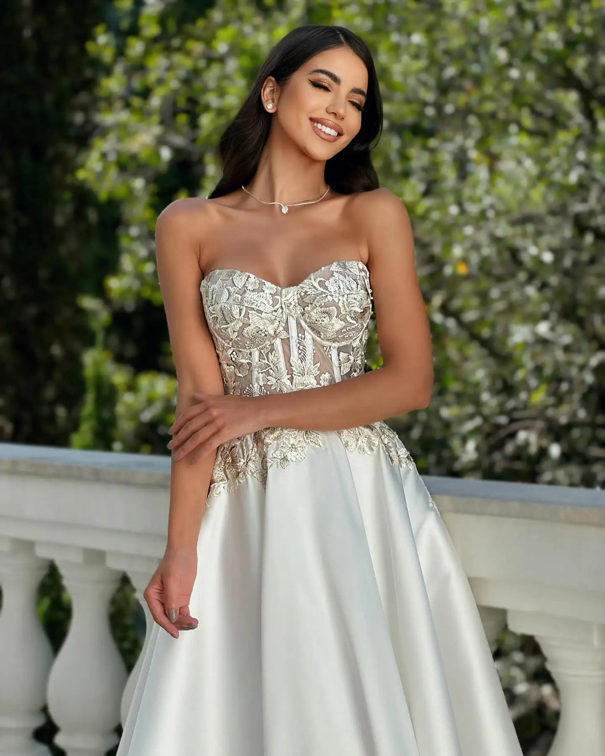 Satin Strapless Floral Applique Corset Ball Gown - View 2