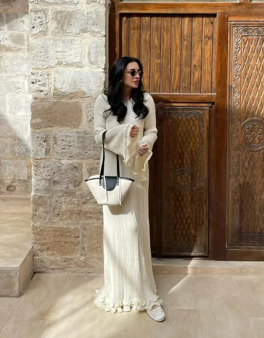 Rib Knit Long Sleeve Ruffle Cuff Ruffle Hem Maxi Dress - View 2