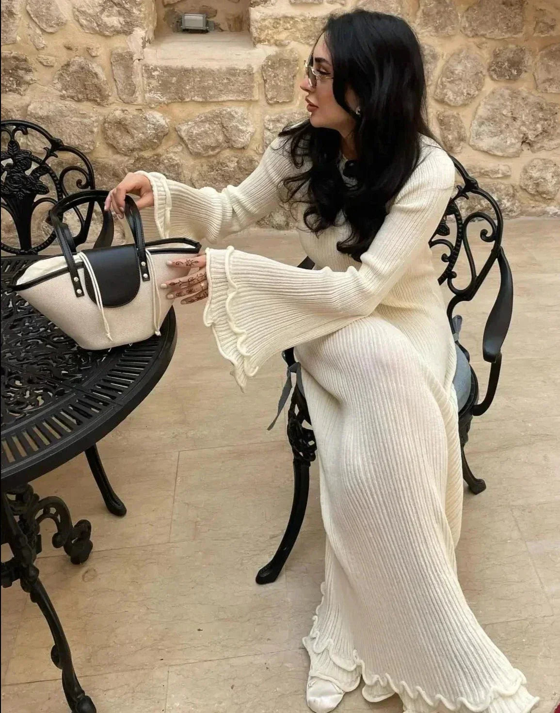 Rib Knit Long Sleeve Ruffle Cuff Ruffle Hem Maxi Dress - View 3