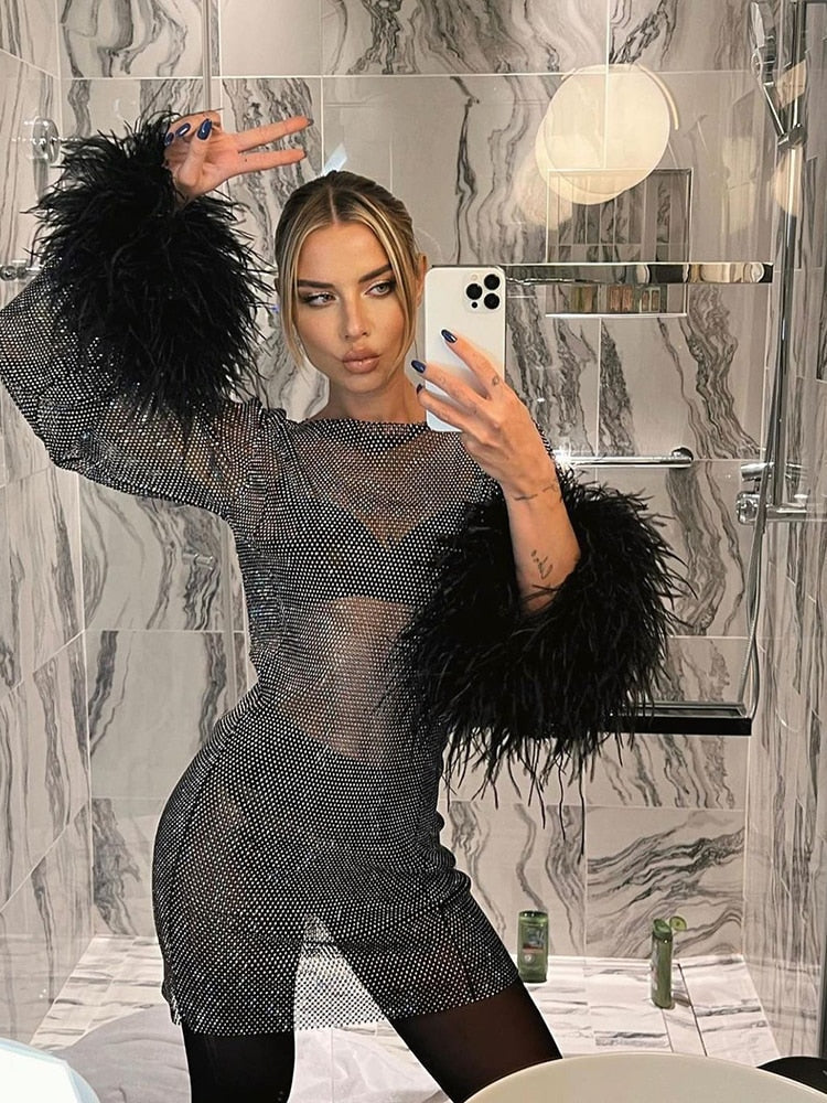 Rhinestone Long Sleeve Feather Cuff Bodycon Mini Party Dress - View 5
