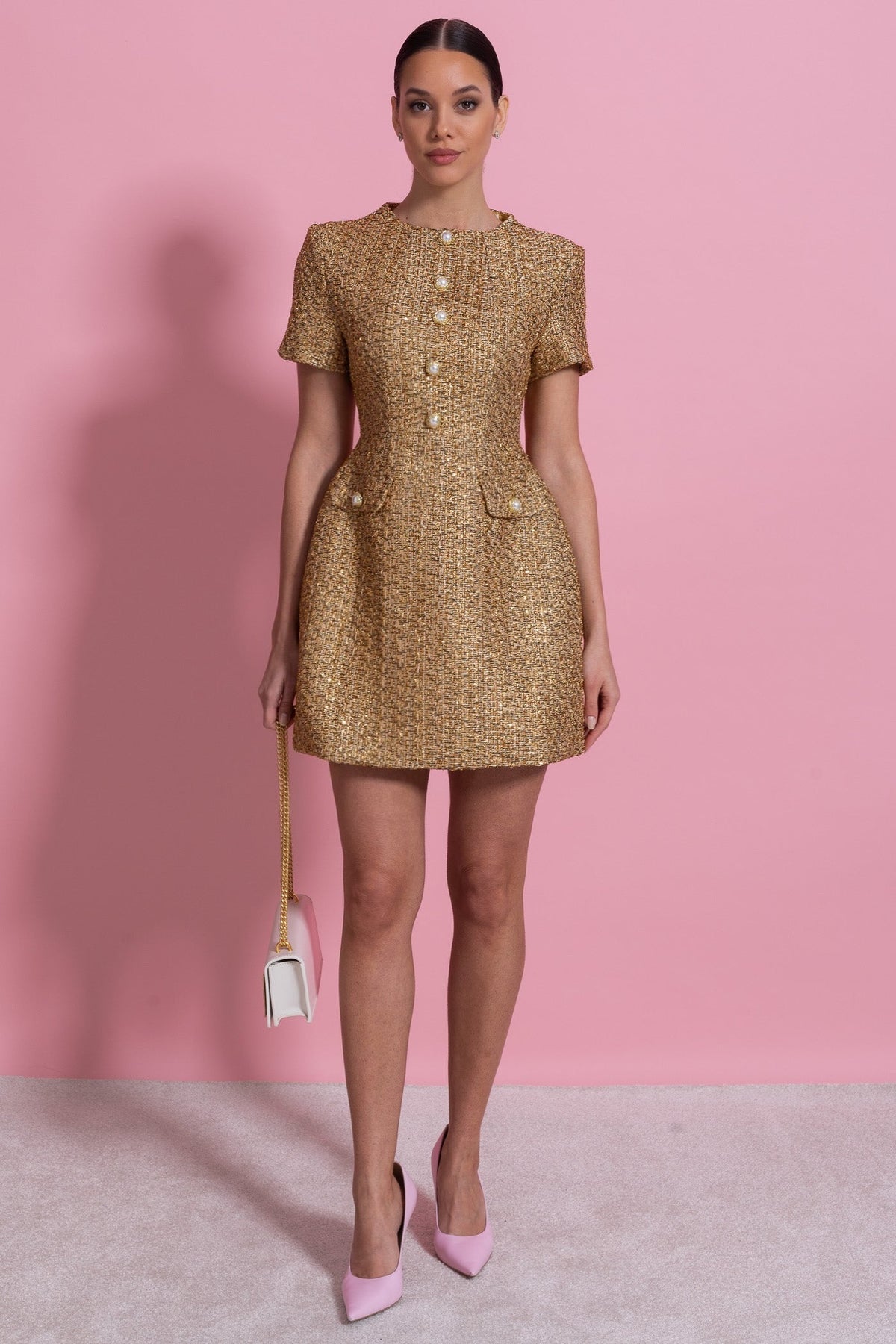 Tweed Mock Neck Short Sleeve Pearl Button A-Line Mini Dress - View 6