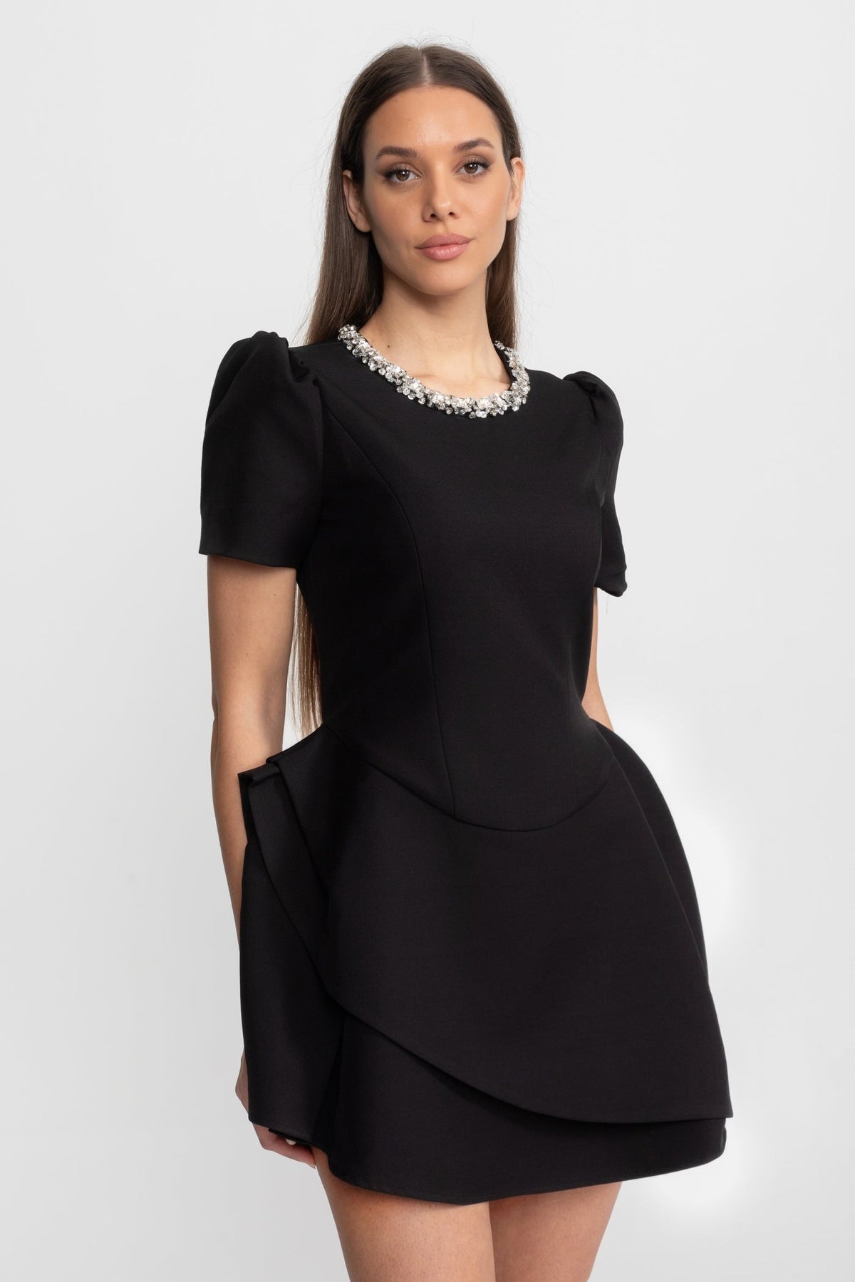 Rhinestone Collar Short Sleeve Puff Shoulder Mini Dress - View 2