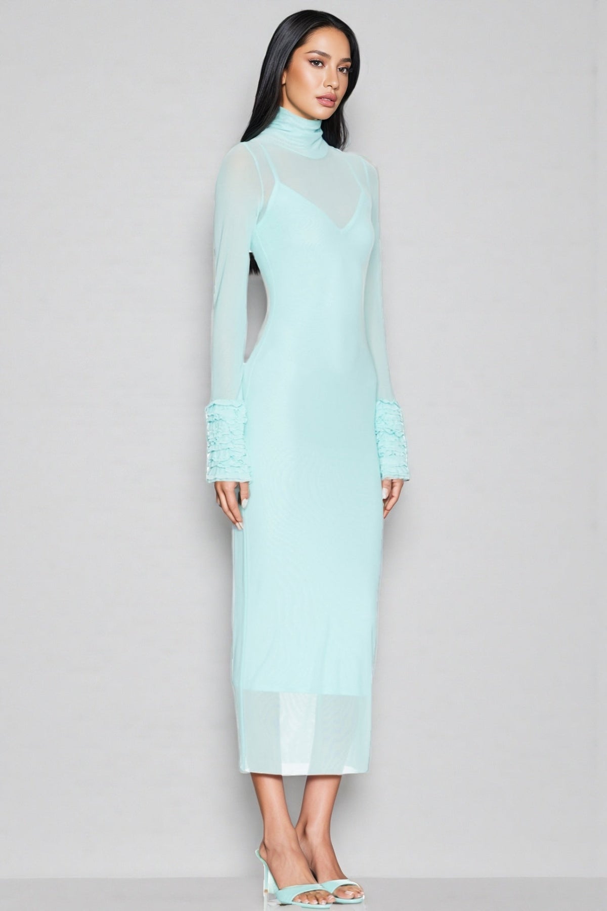 Abrife Blue Sheer Mesh Maxi Dress - View 2