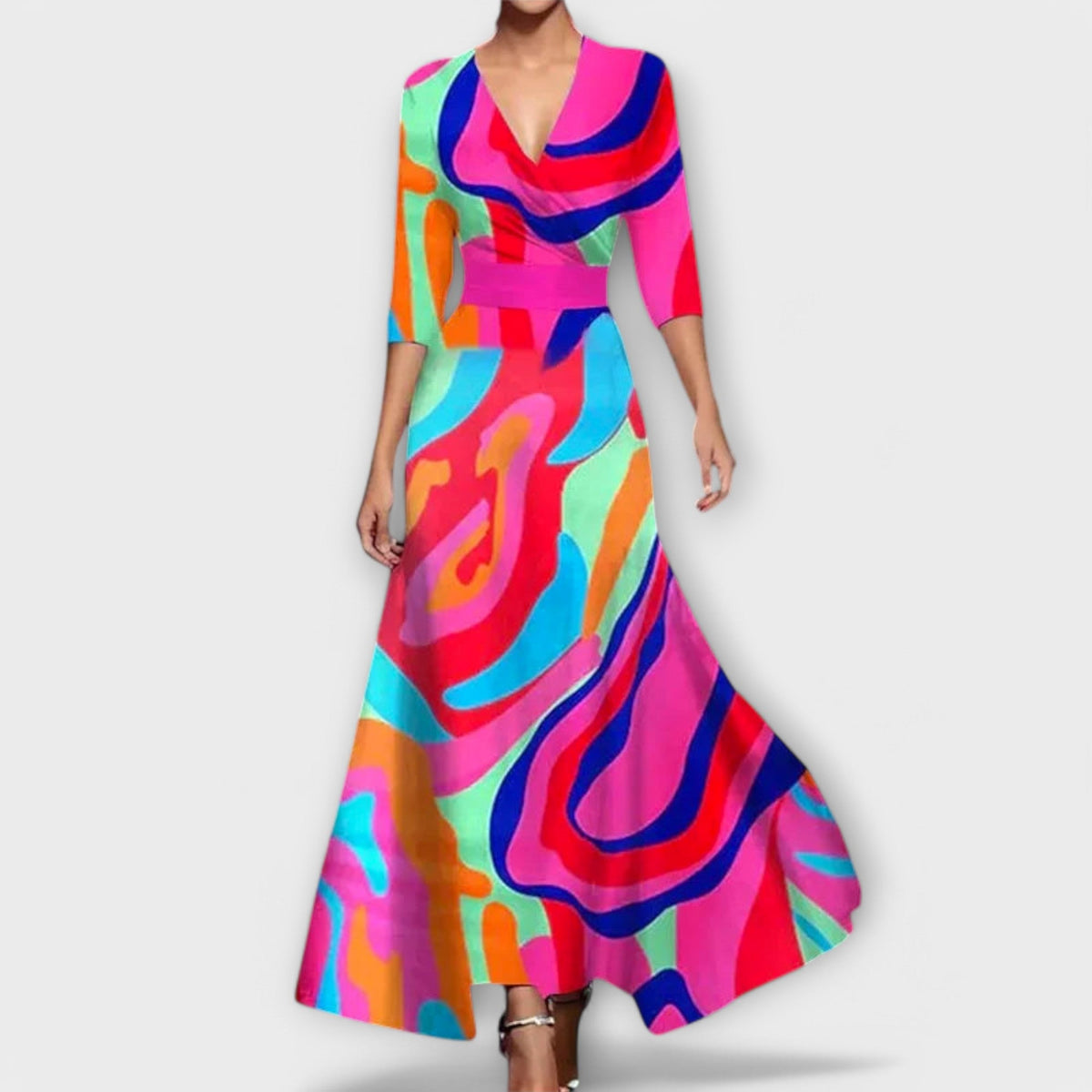 Deep V-Neck Wrap Bodice 3/4 Sleeve Belted A-Line Maxi Dress - View 3