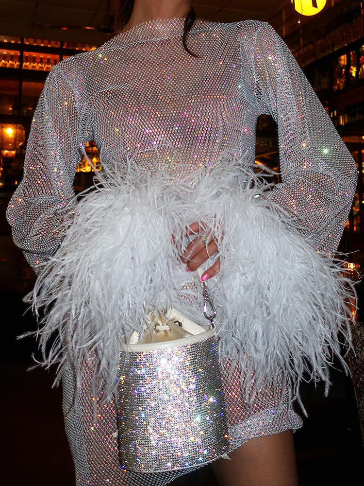 Rhinestone Long Sleeve Feather Cuff Bodycon Mini Party Dress - View 2