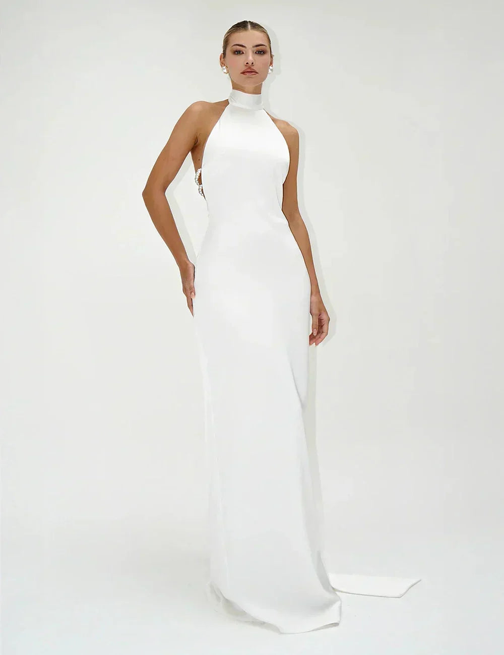 Satin Halter Neck Backless Pearl Strap Maxi Gown - View 8
