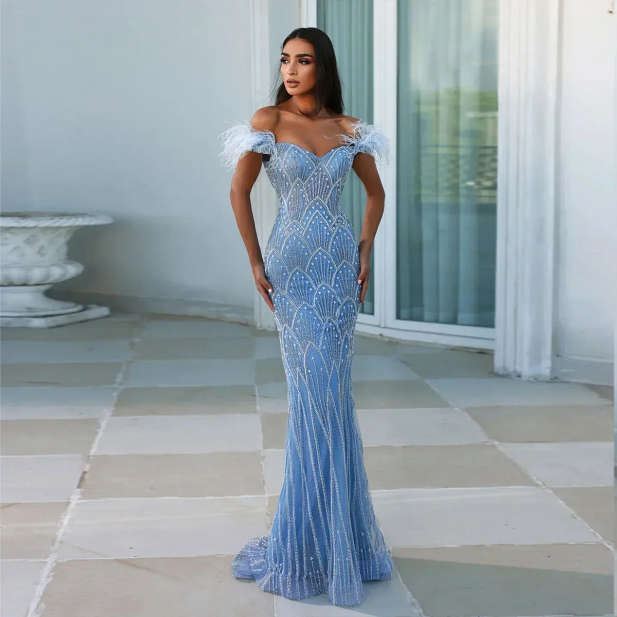 Sequin Off Shoulder Feather Trim Mermaid Maxi Gown