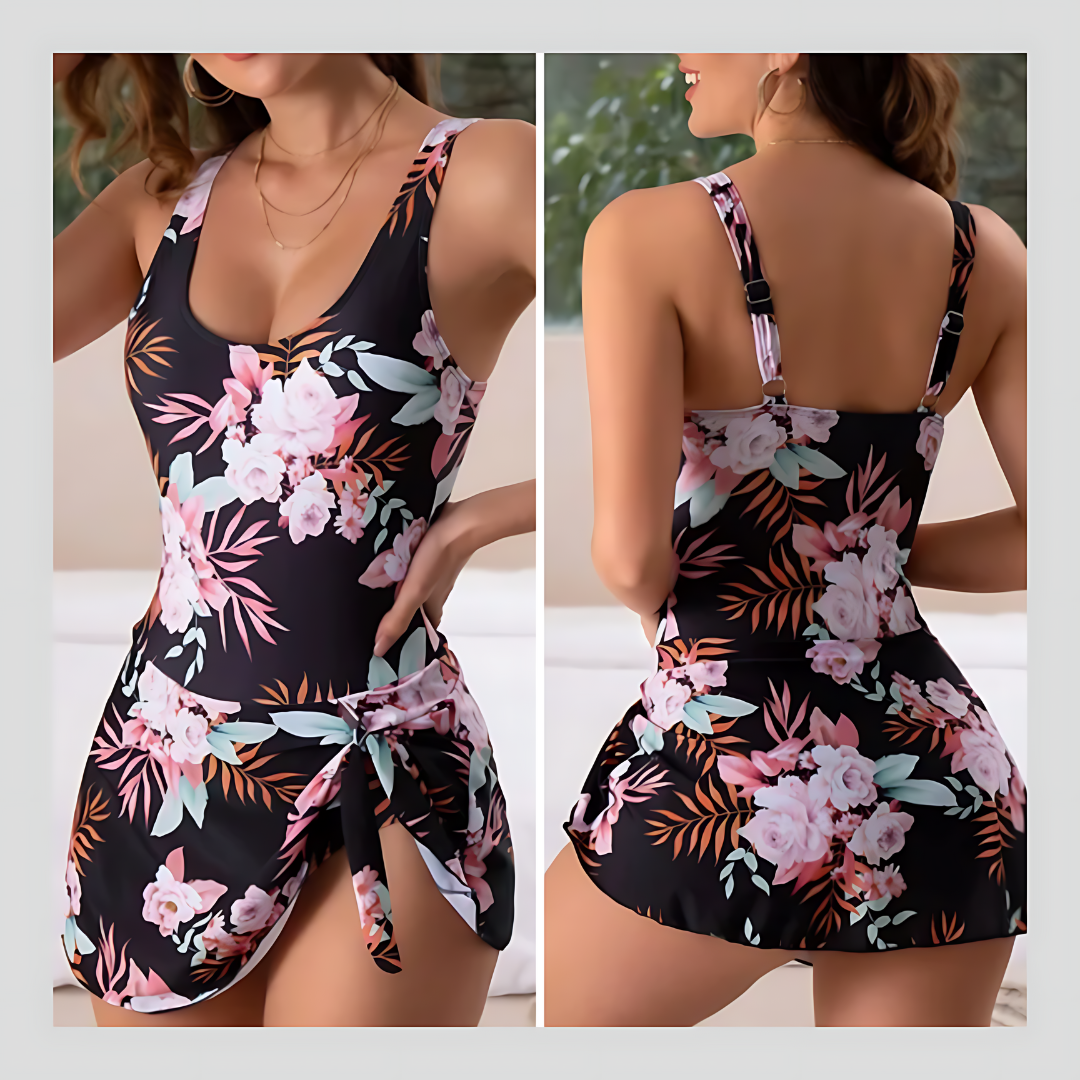 Floral Print Scoop Neck One Piece Swim Dress 4