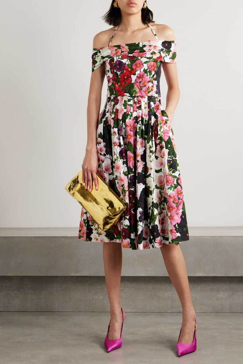 Floral Off Shoulder Halter Neck Fit and Flare Midi Dress - View 3
