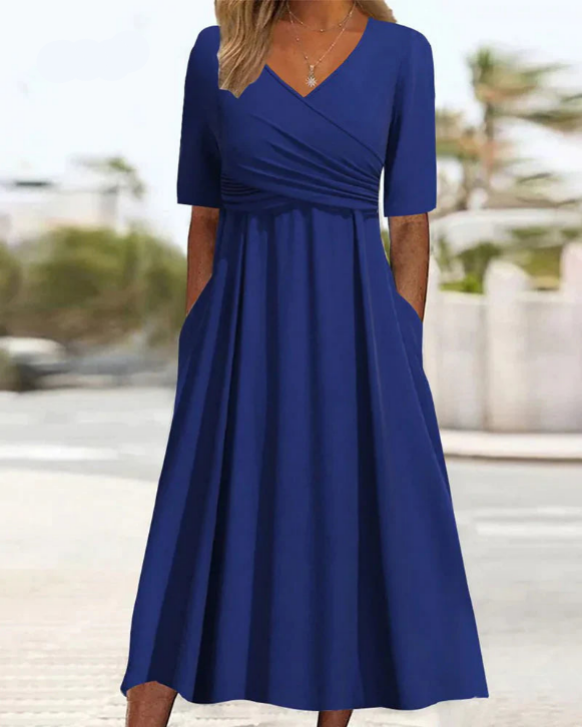 Wrap Deep V-Neck Short Sleeve Ruched A-Line Midi Dress - View 4