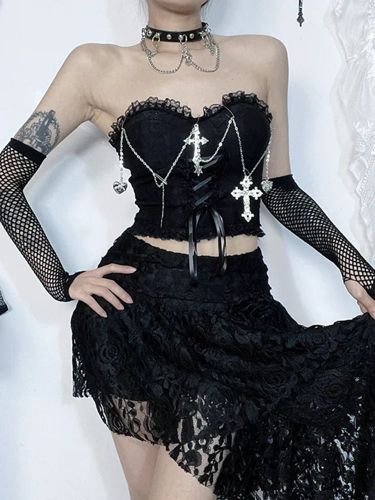Strapless Lace Trim Cross Chain Lace Up Corset Crop Top 4