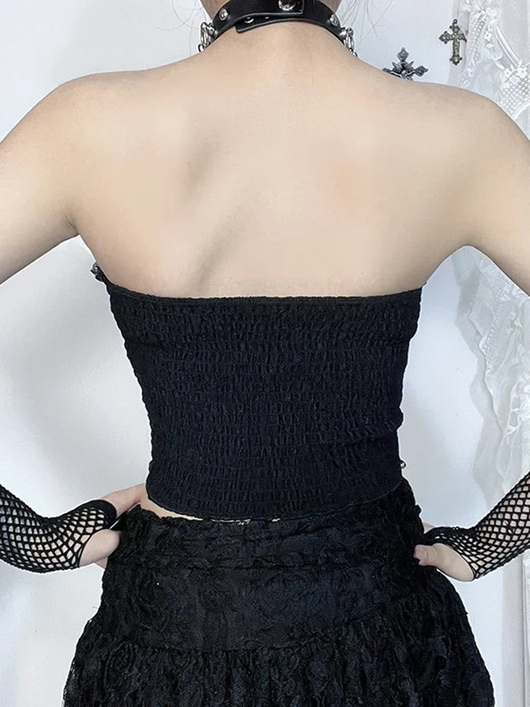 Strapless Lace Trim Cross Chain Lace Up Corset Crop Top 5