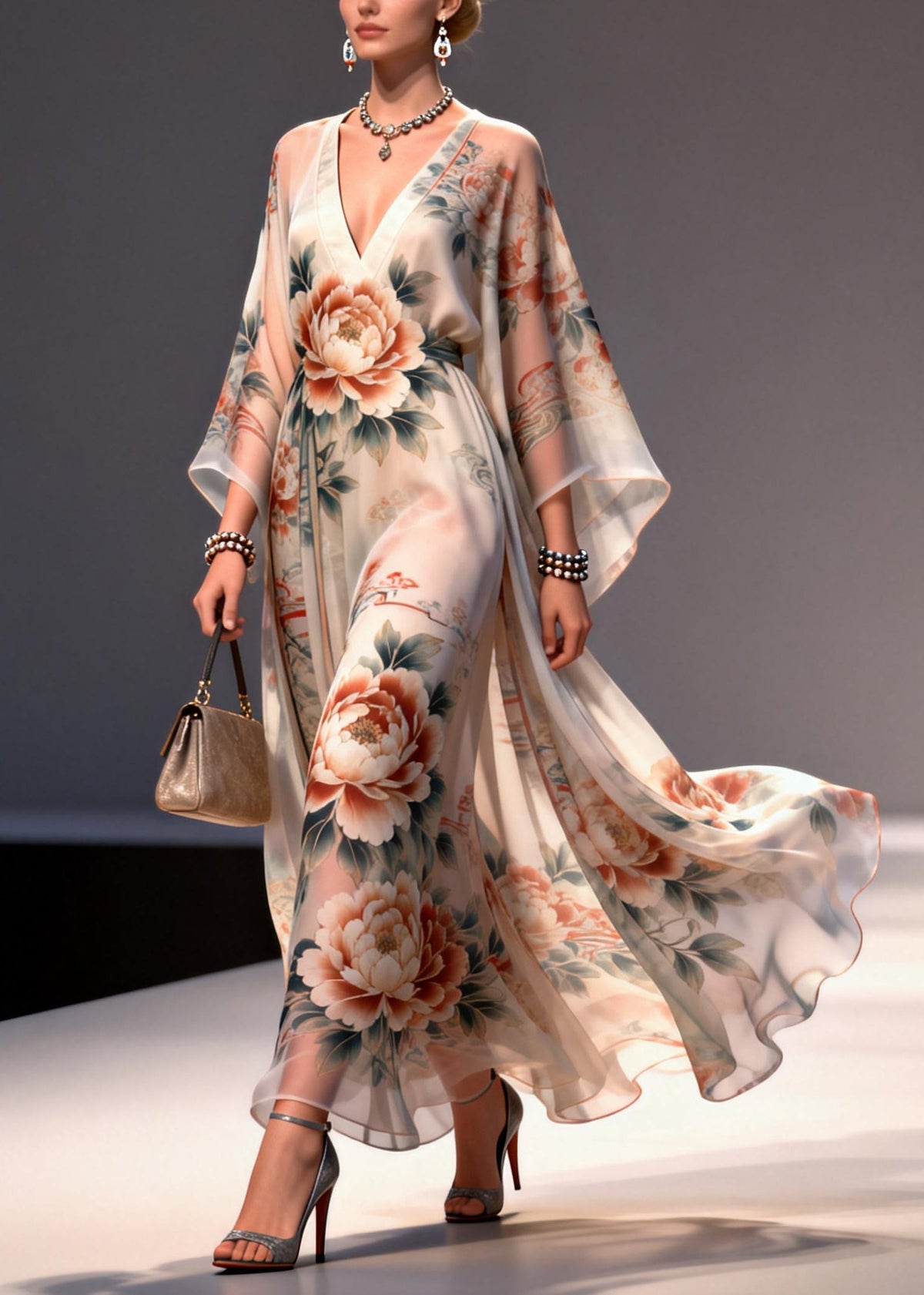 Apricot Floral Print Chiffon Maxi Dresses Exra Large Hem Summer - View 3