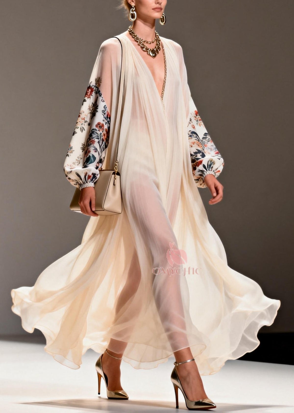 Chiffon Deep V-Neck Floral Balloon Sleeve Pleated Maxi Gown