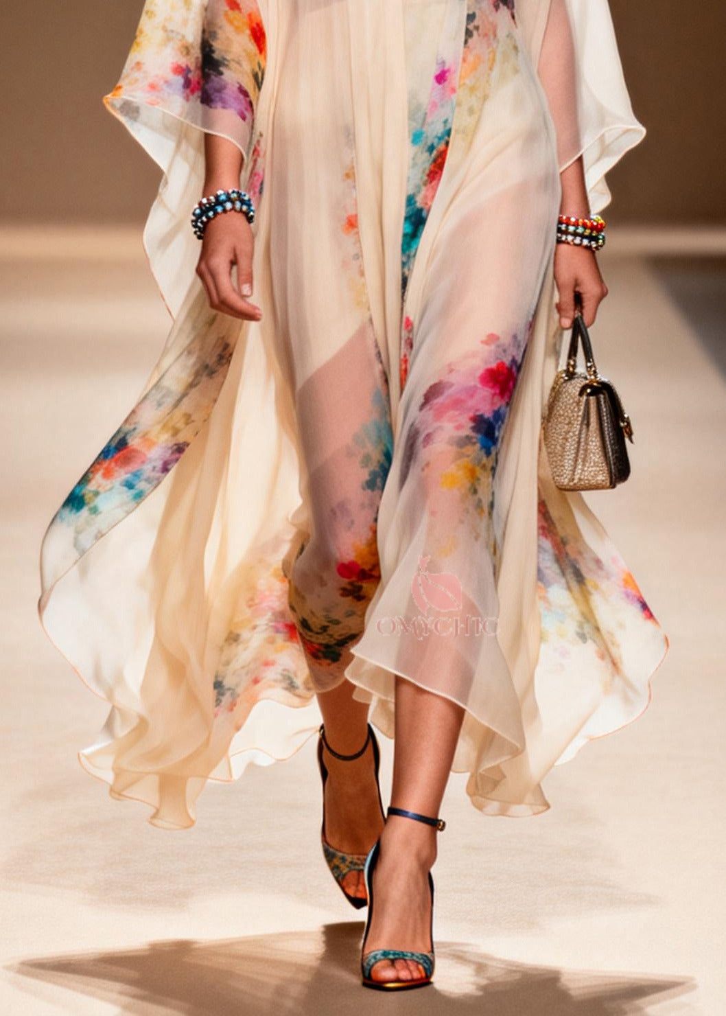 Abstract Print Sheer Chiffon Kaftan Short Two-Piece Set - View 4