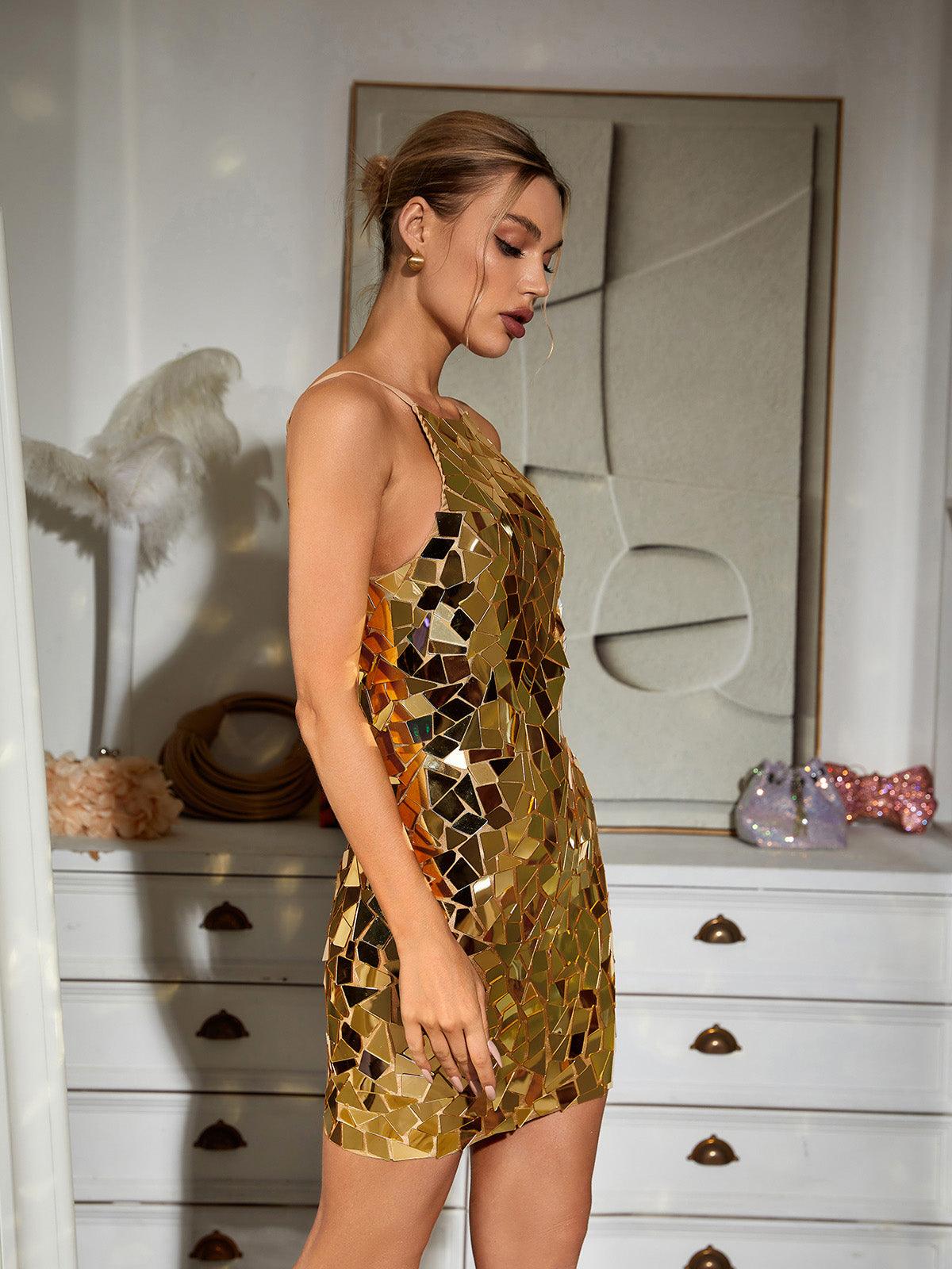 Mirror Mosaic Shard Spaghetti Strap Halter Neck Bodycon Mini Dress - View 5