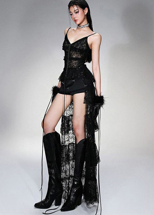 Lace Spaghetti Strap Tiered Ruffle Train High Low Hem Dress - View 2