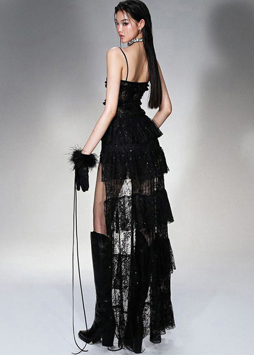 Lace Spaghetti Strap Tiered Ruffle Train High Low Hem Dress - View 3
