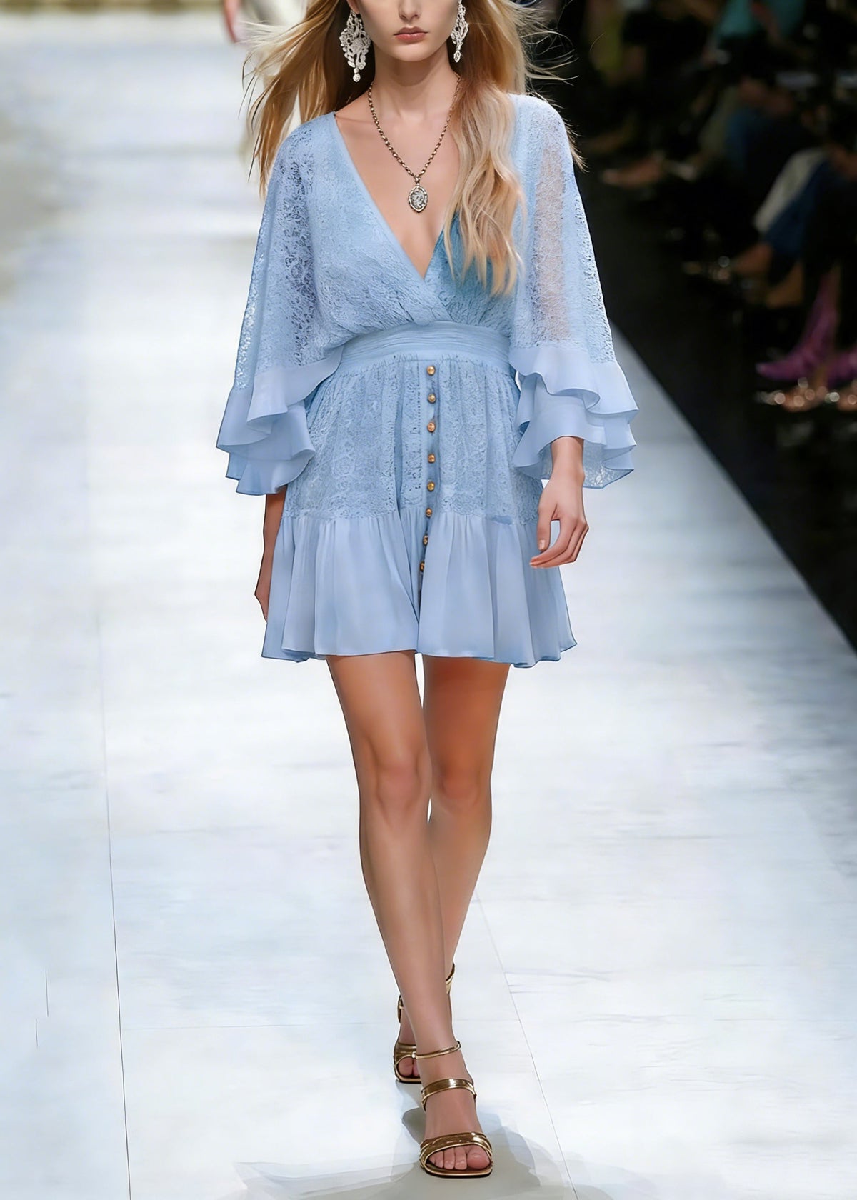 Lace Deep V-Neck Bell Sleeve Ruffle Button Front Mini Dress