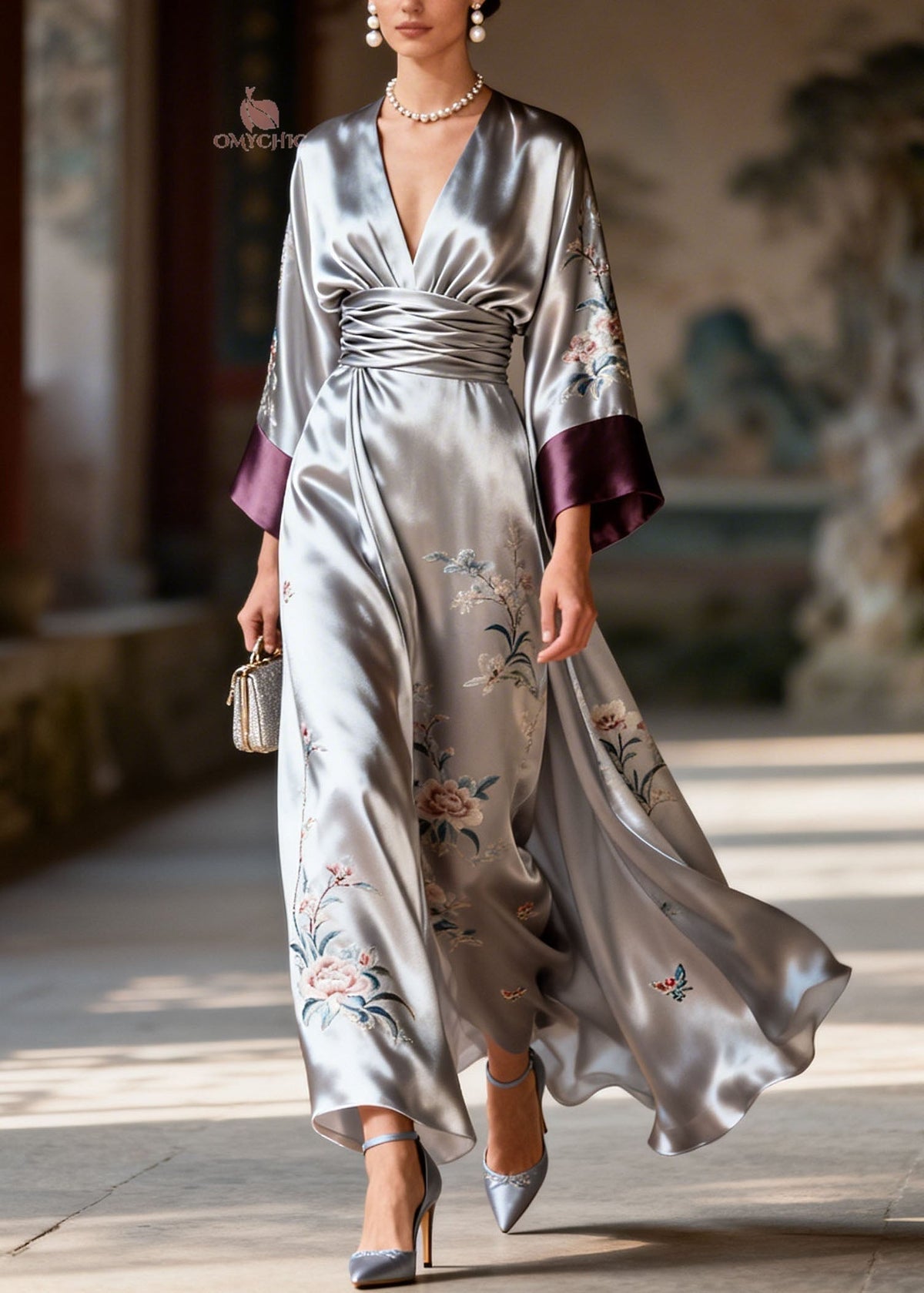 Satin Floral Butterfly Embroidery Deep V-Neck Sleeve Maxi Dress - View 3