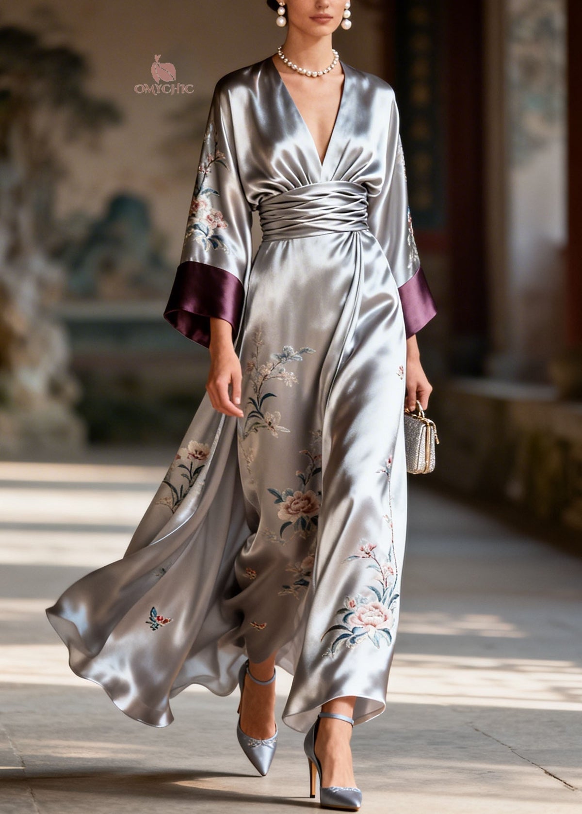 Satin Floral Butterfly Embroidery Deep V-Neck Sleeve Maxi Dress - View 5