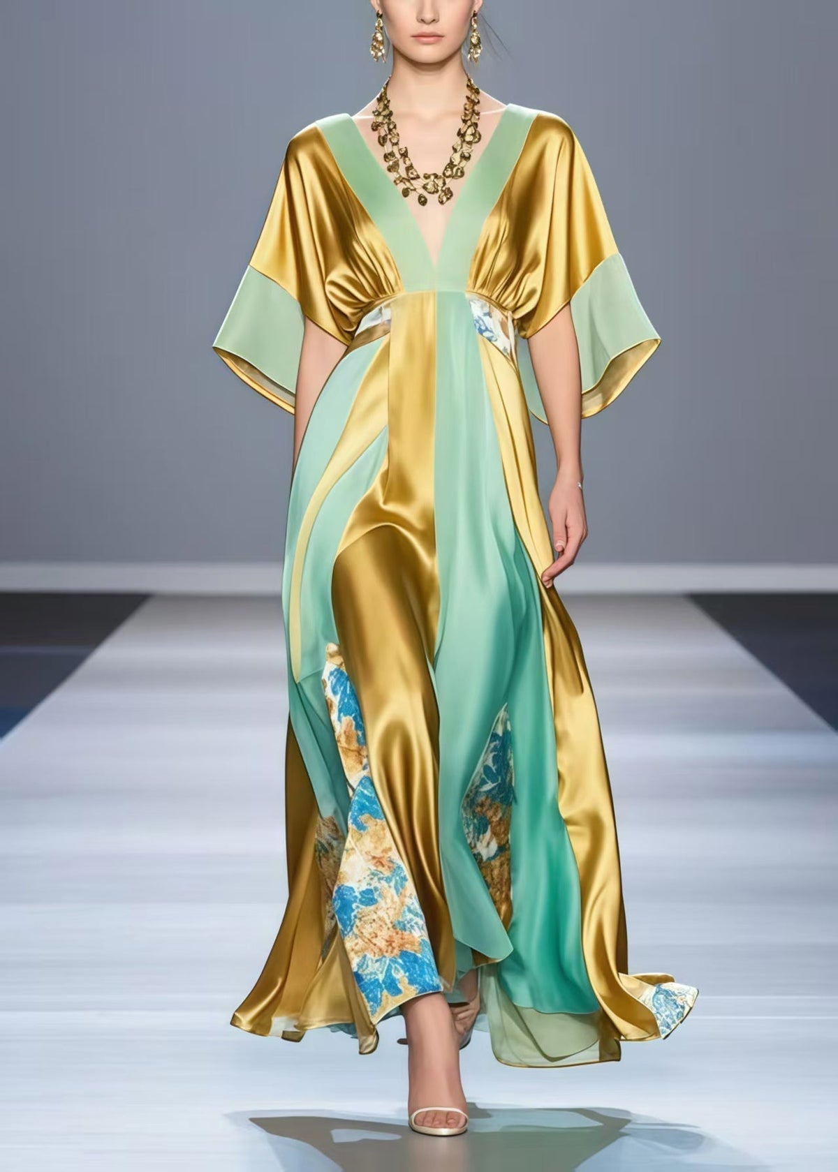 Satin Deep V-Neck Kimono Sleeve Paneled Floral Insert Maxi Gown - View 3