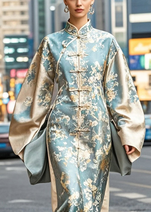 Brocade Mandarin Collar Frog Button Bell Sleeve Maxi Gown - View 2