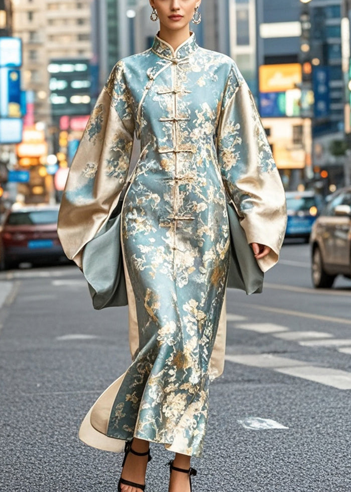 Brocade Mandarin Collar Frog Button Bell Sleeve Maxi Gown - View 5