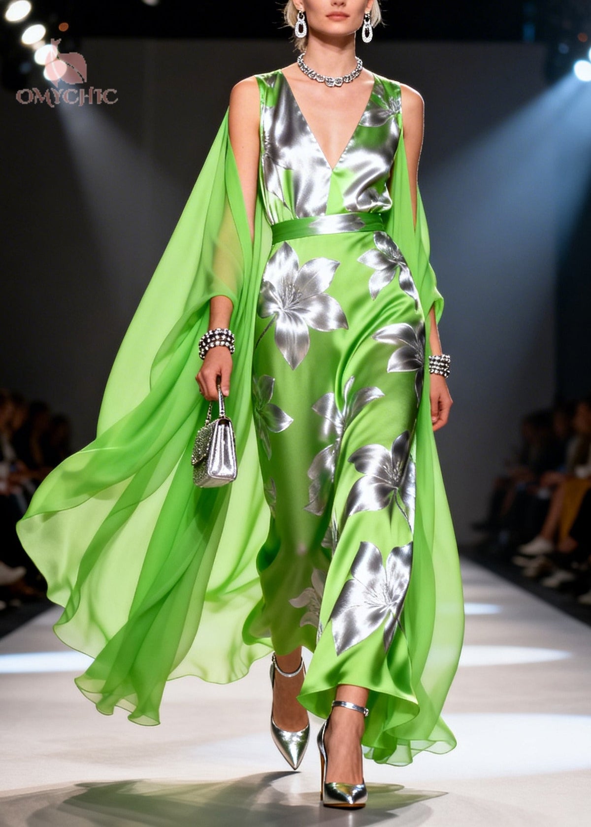 Satin Deep V-Neck Sleeveless Metallic Floral Belted Maxi Gown
