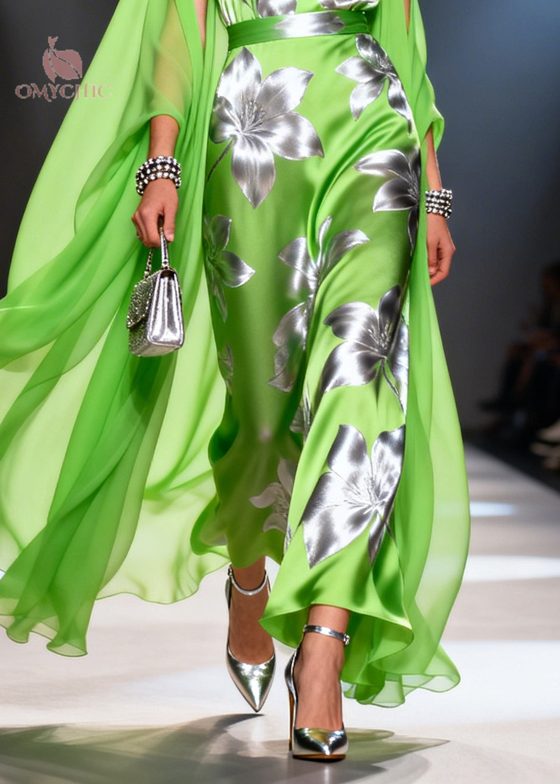 Satin Deep V-Neck Sleeveless Metallic Floral Belted Maxi Gown - View 4