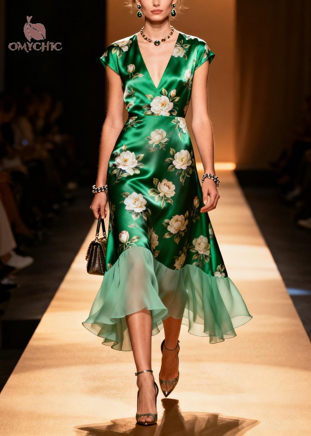 V-Neck Silk Floral Patchwork Midi Dress - View 5