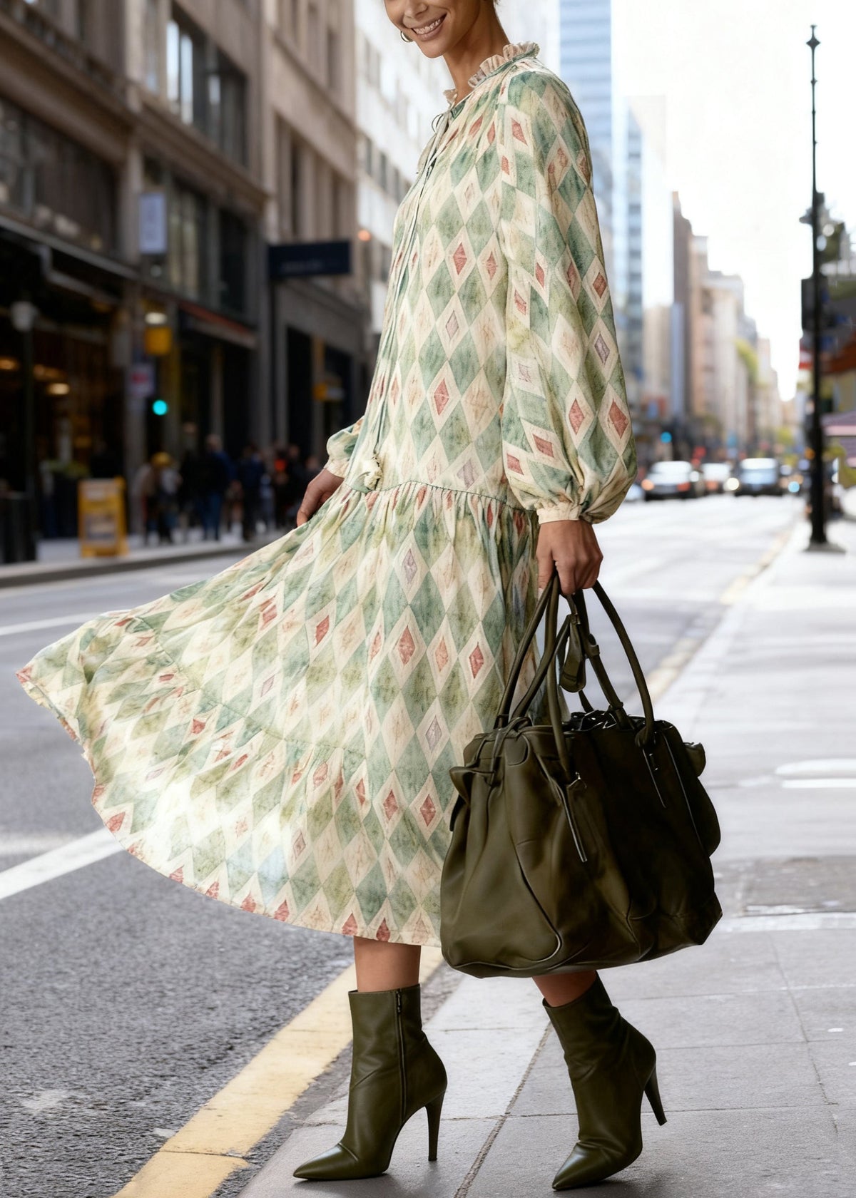 Art Green Ruffled Geometricn Lace Up Long Dress Spring - View 3