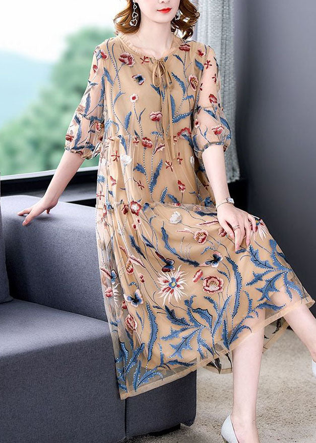 Embroidered Butterfly Floral Mesh Tiered Puff Sleeve Midi Dress - View 3