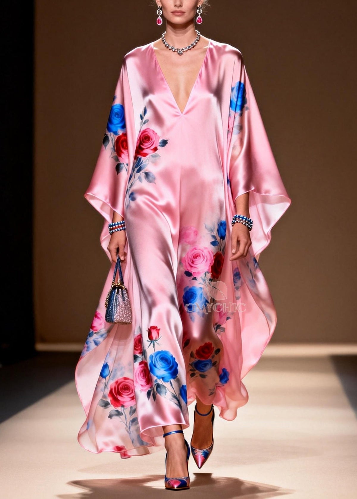 Floral Print Deep V-Neck Kimono Sleeve Satin Kaftan Maxi Party Gown - View 3
