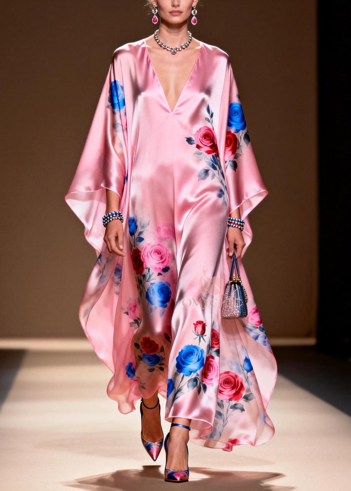 Floral Print Deep V-Neck Kimono Sleeve Satin Kaftan Maxi Party Gown - View 5