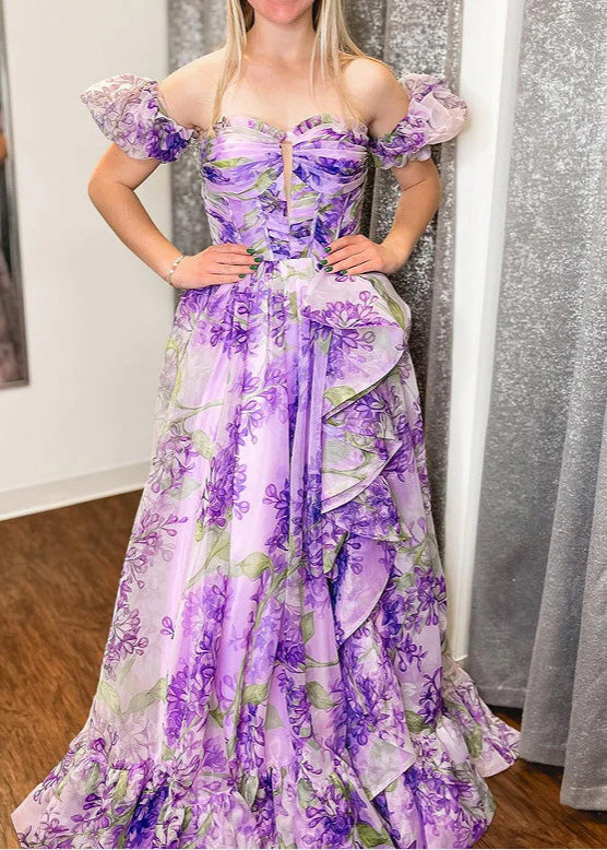 Art Purple Ruffled Asymmetrical Print Chiffon Dress Summer - View 2