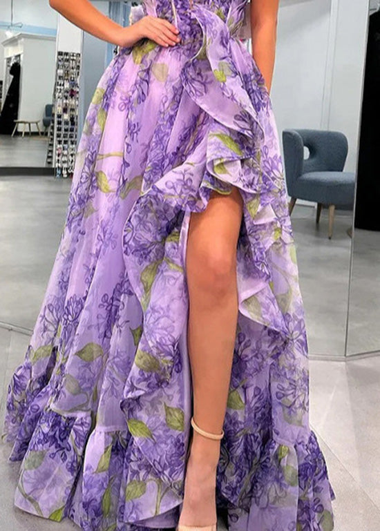 Art Purple Ruffled Asymmetrical Print Chiffon Dress Summer - View 5