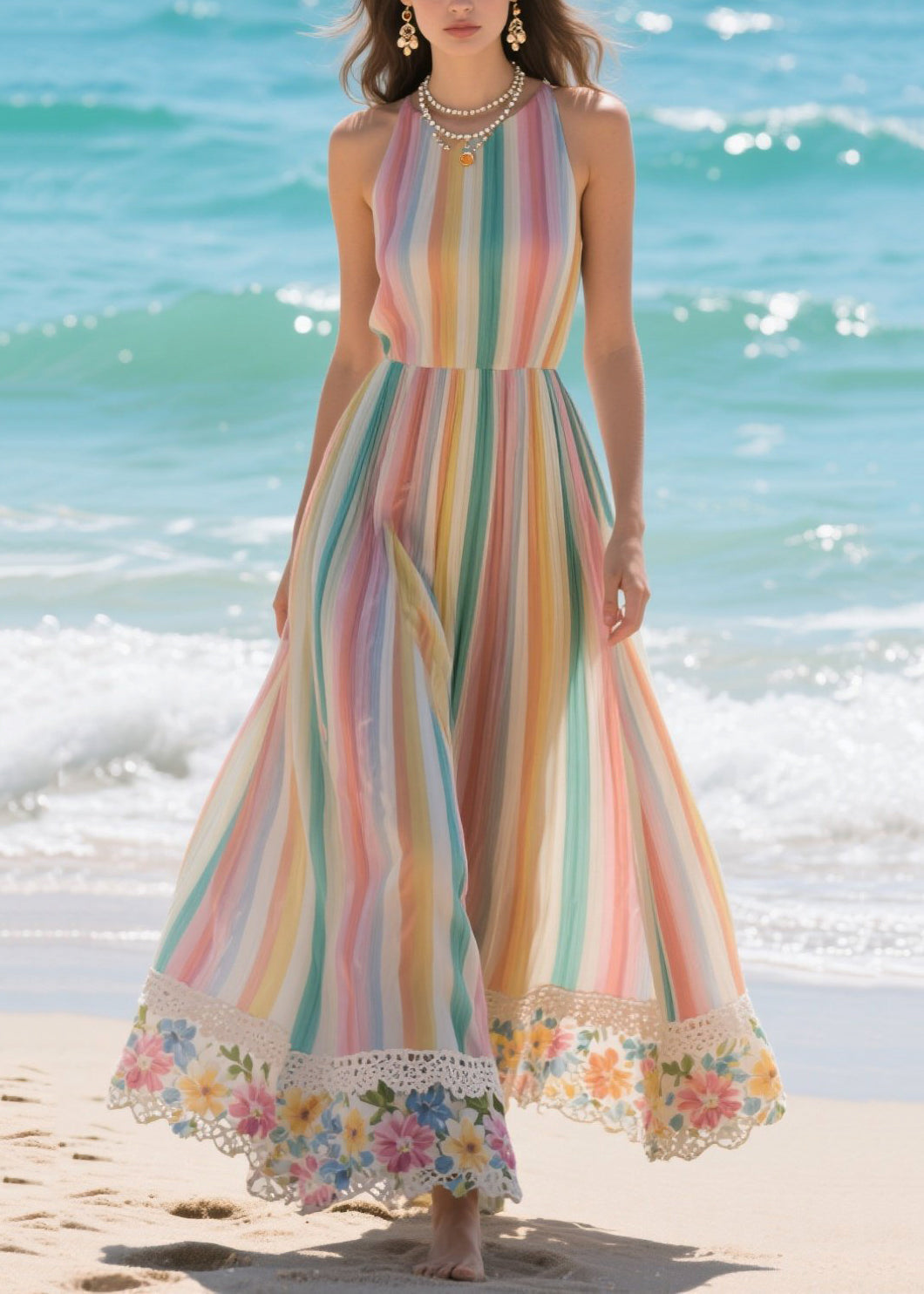 Halter Neck Sleeveless Striped Lace Trim Chiffon Maxi Dress - View 5