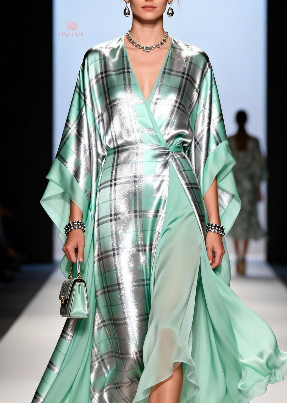 Metallic Plaid Wrap V-Neck Cape Sleeve Sheer Ruffle Hem Maxi Gown - View 2