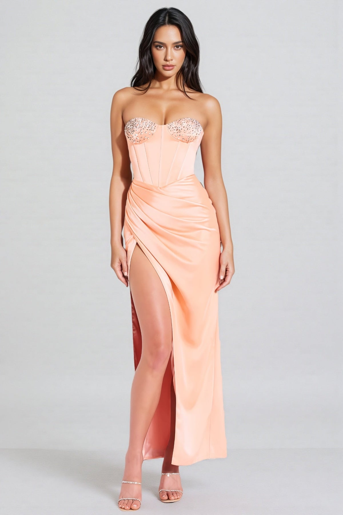 Estrela Diamond-Studded Sheath Ruffle Maxi Dress - View 5