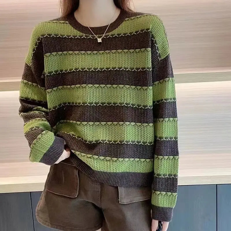 Striped Patchwork Round Neck All - Match Sweater