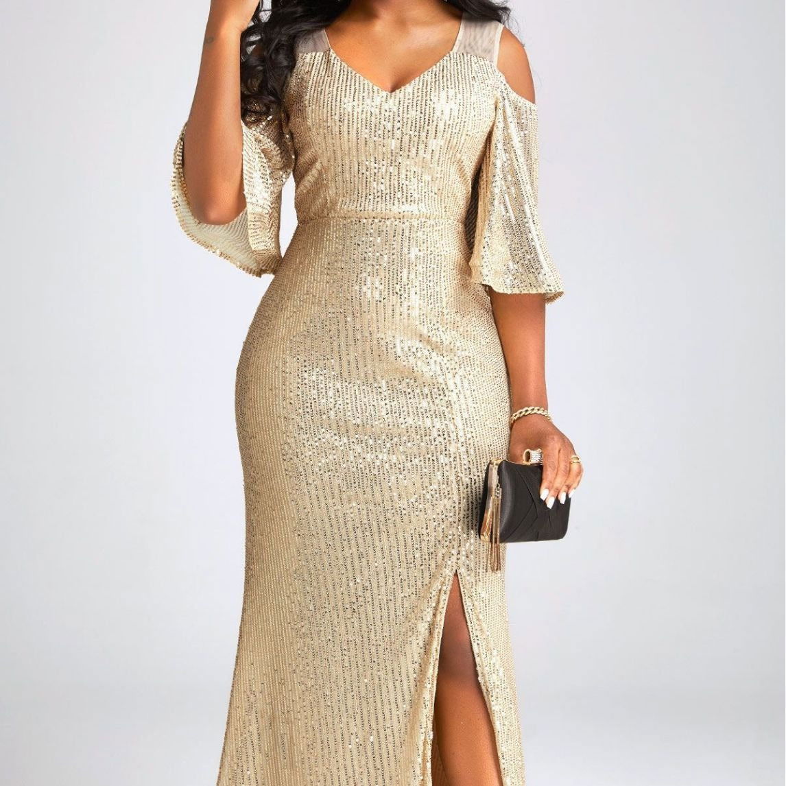Sequin Off Shoulder Short Sleeve Party Midi Dress