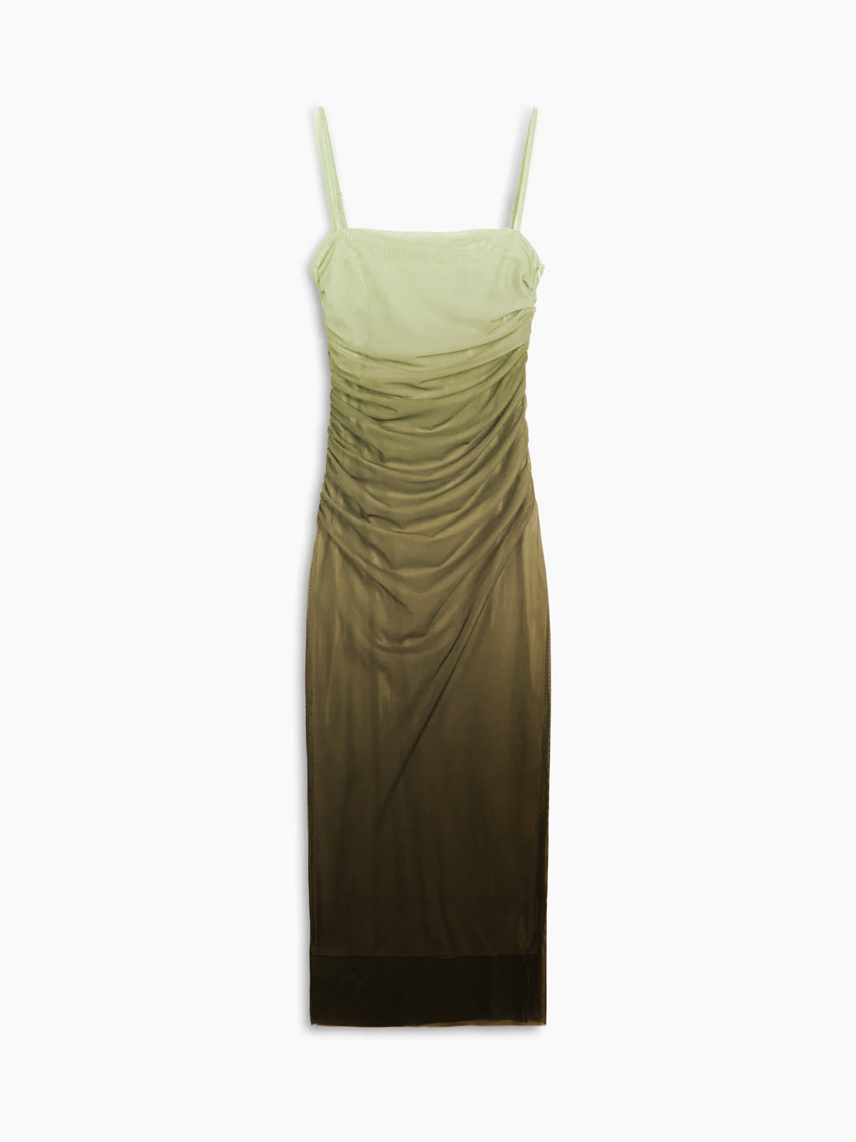 Mesh Square Neck Spaghetti Strap Ruched Zip Front Bodycon Midi Dress - View 6
