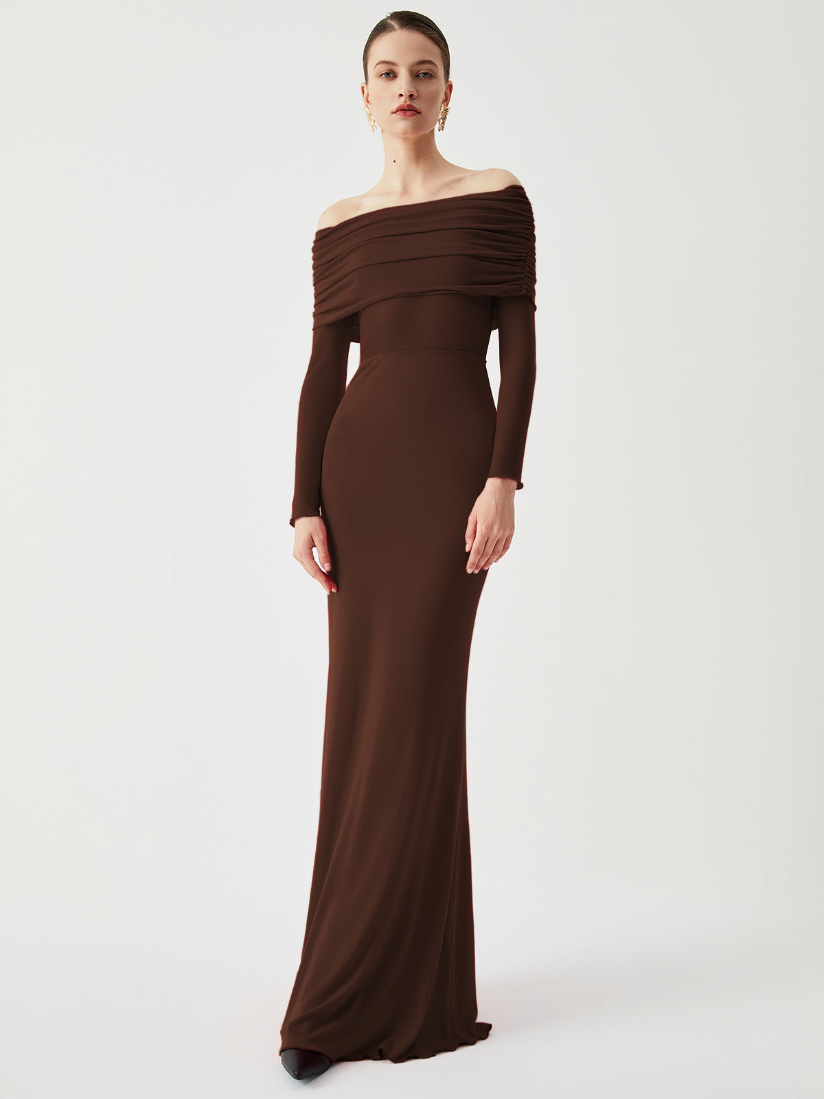 Overfold Off-Shoulder Mesh Long Sleeve Long Dress - View 10