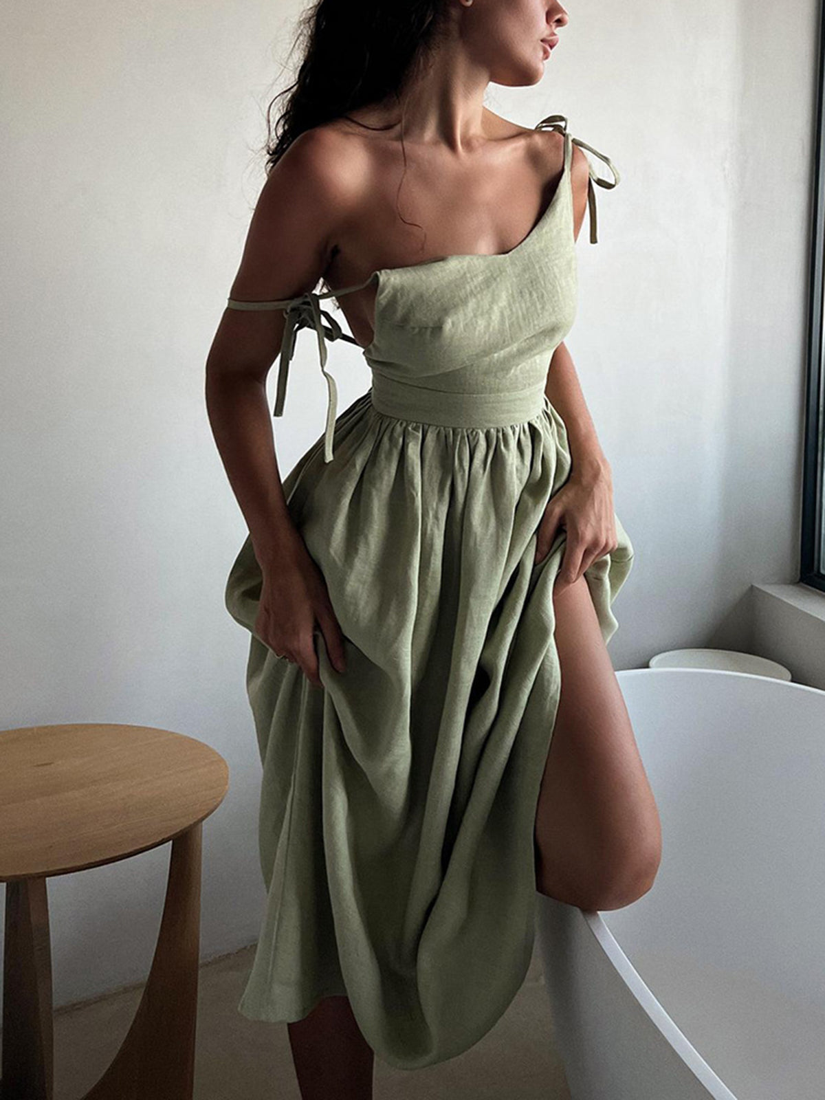 Backless Cotton Linen Lace Up Midi Dress - View 6